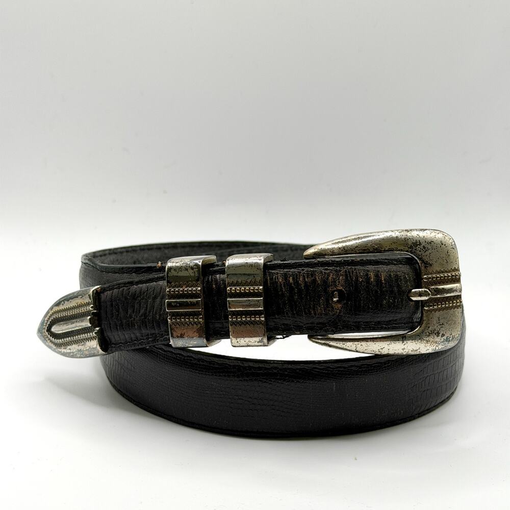 Vintage 90s Black Genuine Leather Lizard Embossed Distressed Belt